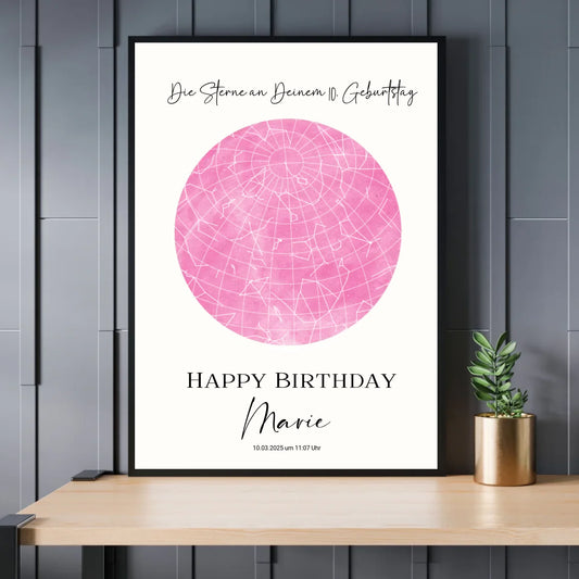 Personalisierte Sternenkarte zum Geburtstag mit 30 auswählbaren Farben - als PDF oder als Poster mit und ohne Rahmen - Exklusives Holzrahmen-Poster mit Halbglanzpapier, bruchsicheres Plexiglas und FSC-zertifiziertes Papier