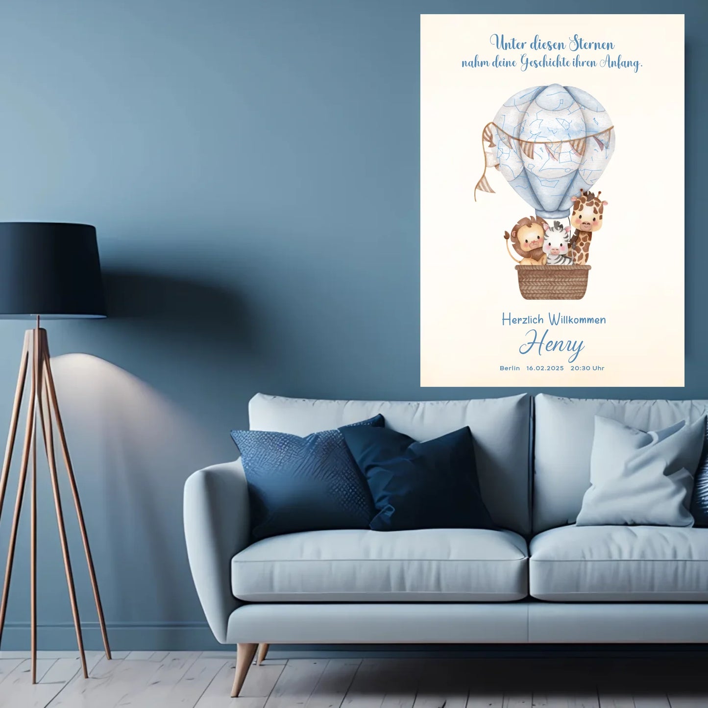 Personalisiertes Sternenbild mit Safari Tiere im Heißluftballon auf beige - Personalisierte Karte als digitale Datei PDF Druckerpapier