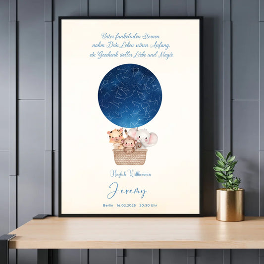 Personalisiertes Sternebild mit Heißluftballon im Sternenhimmel - Exklusives Holzrahmen-Poster mit Halbglanzpapier, bruchsicheres Plexiglas und FSC-zertifiziertes Papier