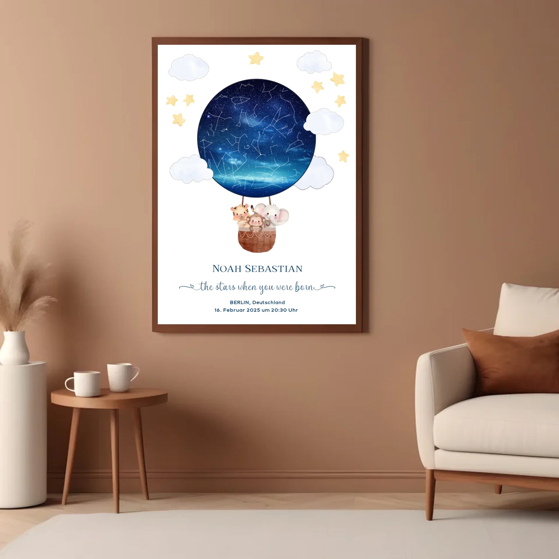 Personalisiertes Sternenbild mit Tiere im Heißluftballon - Geschenk für ein Baby zur Geburt -