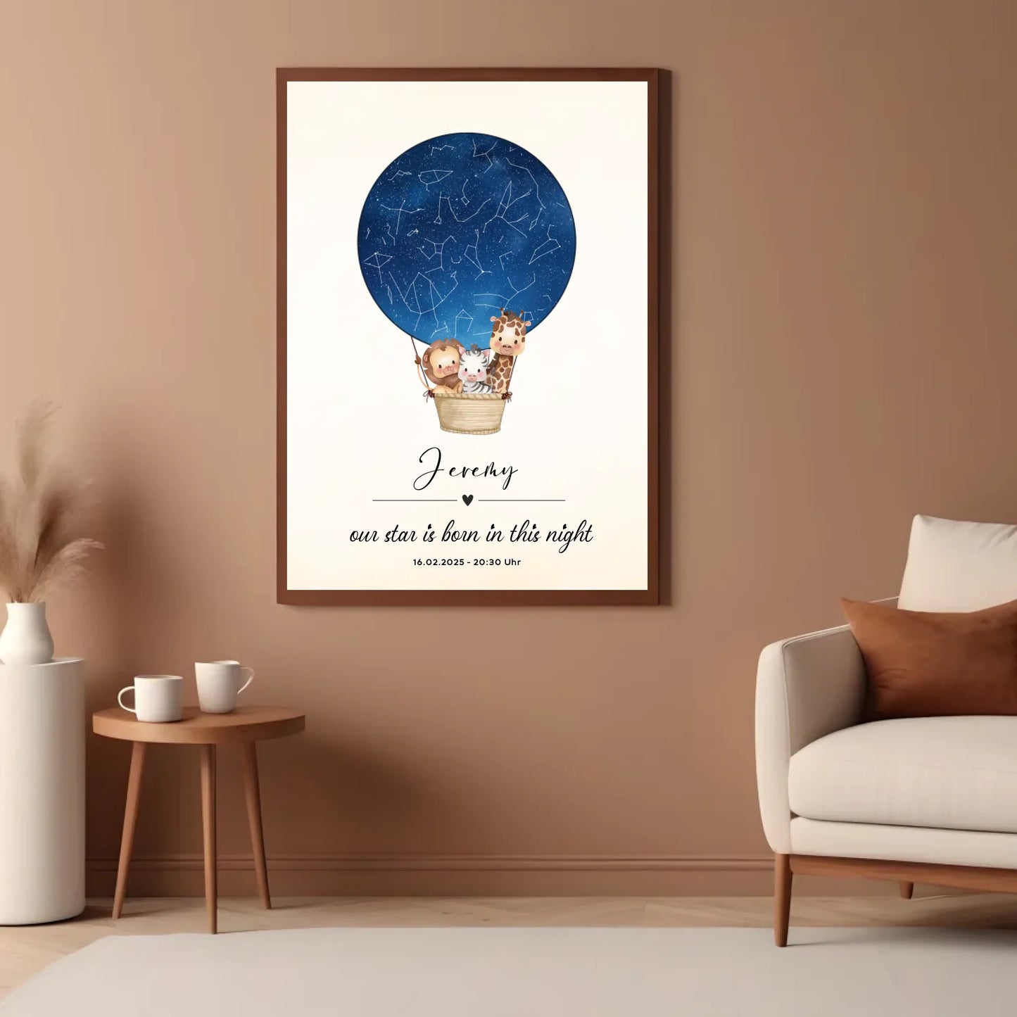 Personalisiertes Sternebild mit Safari Tiere im Heißluftballon auf blau -