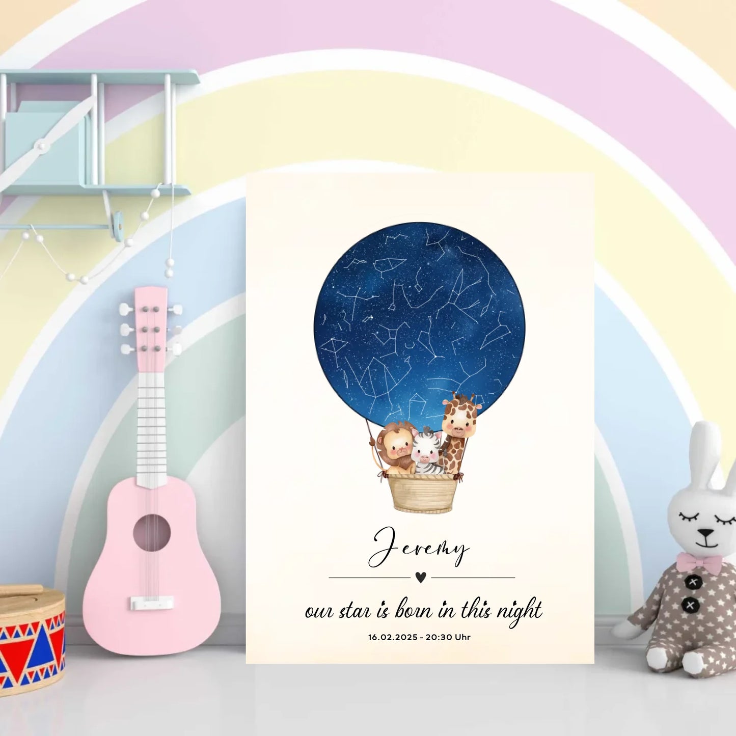 Personalisiertes Sternebild mit Safari Tiere im Heißluftballon auf blau - Motiv Druck mit Premium Semi-Glossy Poster - halbglänzend auf nachhaltigem Papier halbglänzend