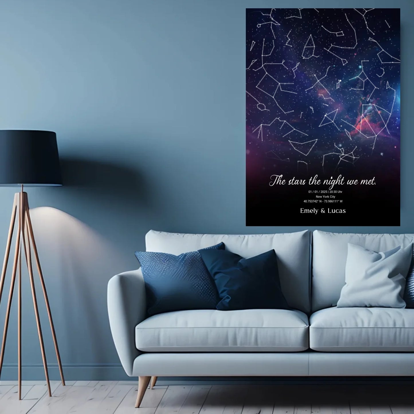 Personalisierte Nacht Sternenkarte mit blau und lila - verschiedene Poster und mit Rahmen - Druckerpapier Personalisierte Karte als digitale Datei PDF