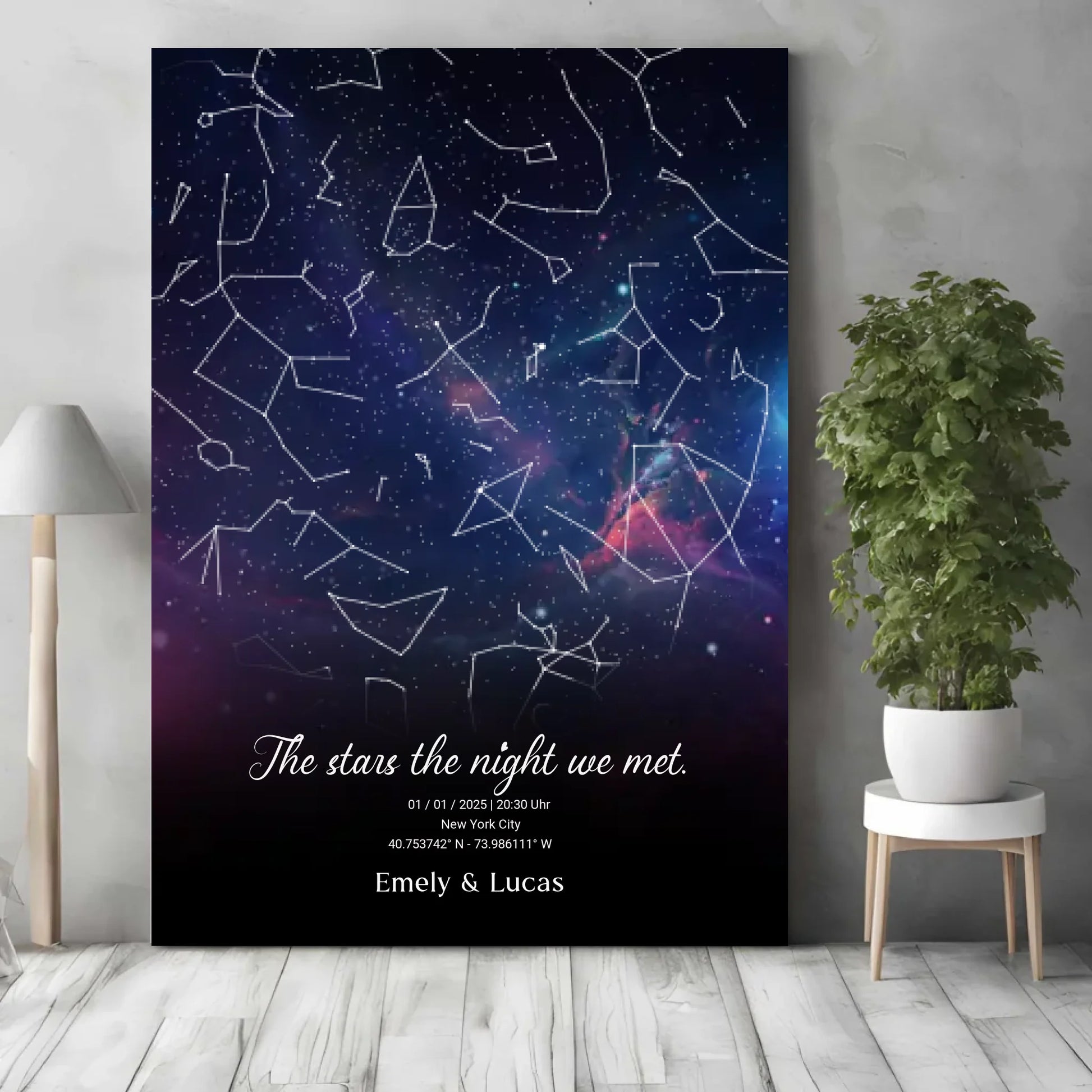 Personalisierte Nacht Sternenkarte mit blau und lila - verschiedene Poster und mit Rahmen -
