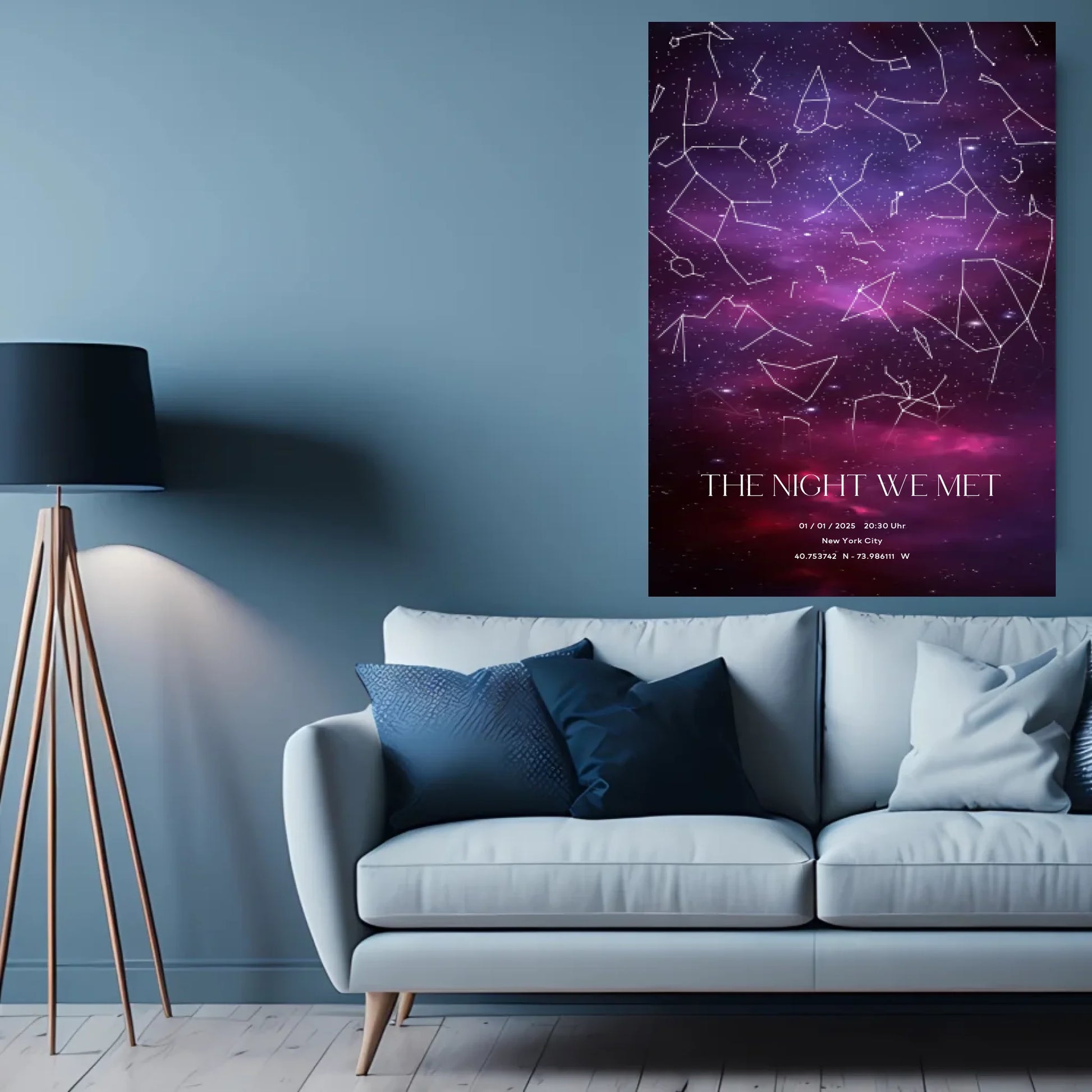 Personalisierte Sternenkarte in tollem lila und pink auf schwarz - als Poster oder als Bild mit Rahmen -