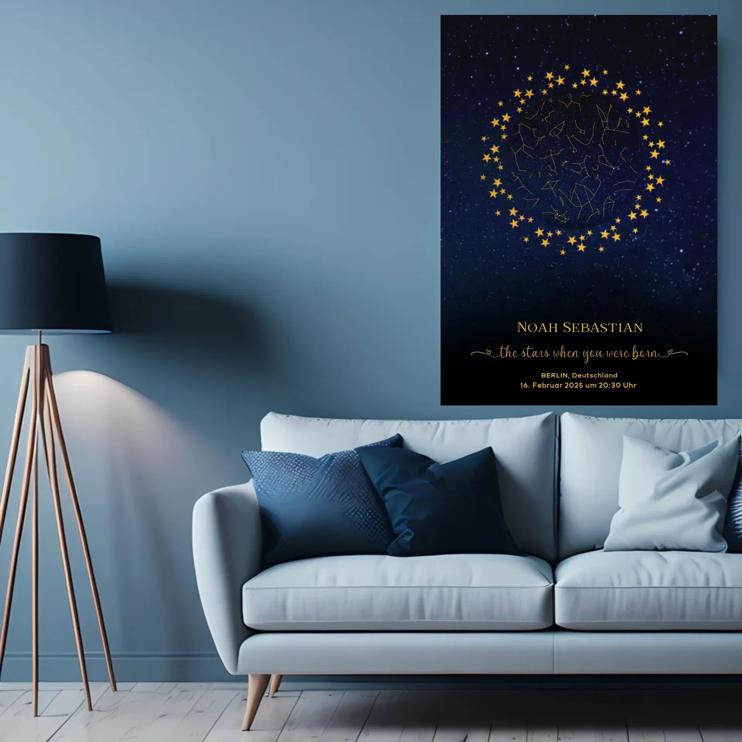 Personalisierte Sternenkarte zur Geburt mit goldene Sterne am Nachthimmel auf blau mit schwarz - Die Sterne als Du geboren wurdest - Personalisierte Karte als digitale Datei PDF Druckerpapier