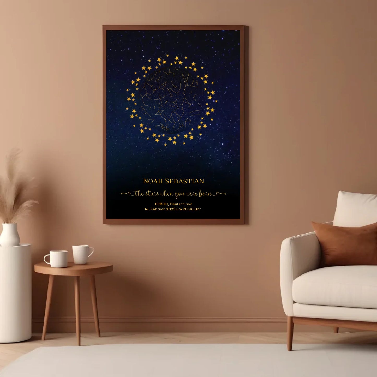 Personalisierte Sternenkarte zur Geburt mit goldene Sterne am Nachthimmel auf blau mit schwarz - Die Sterne als Du geboren wurdest -