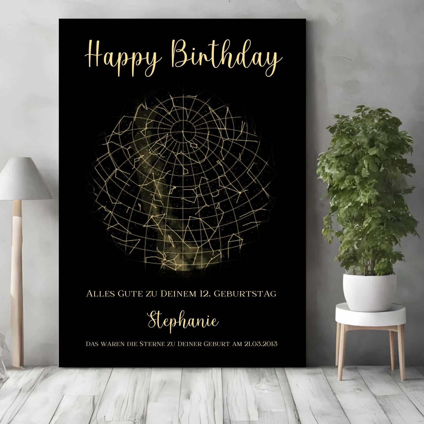 Personalisierte Sternenkarte zum Geburtstag - mit goldene Sterne in der Nacht auf schwarz -
