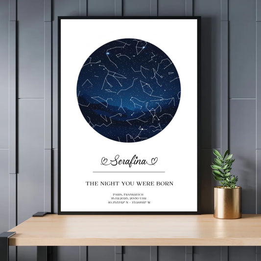 Personalisierte Sternenkarte auf weiß mit dunklem Sternenhimmel - The night you were born - minimalistisches Design -