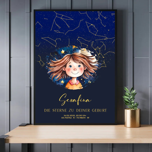 Personalisierte Sternenkarte zum Geburtstag - Mädchen vor großem Sternehimmel auf blau mit gold -