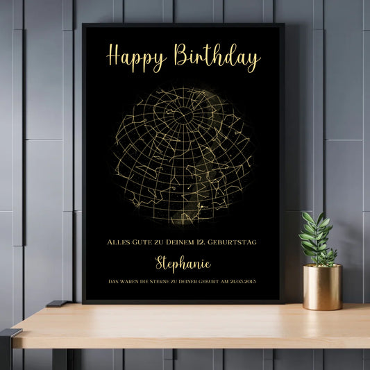 Personalisierte Sternenkarte zum Geburtstag - mit goldene Sterne in der Nacht auf schwarz -