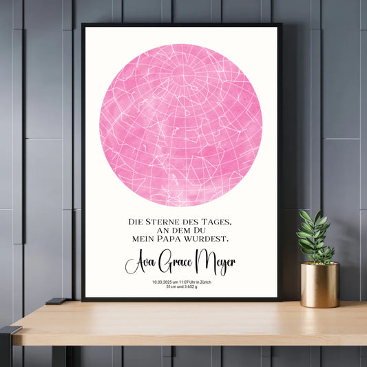 Personalisierte Sternenkarte zur Geburt auf hellem beige - Sterne an dem Tag, als Du mein Papa wurdest - 30 Farben zur Wahl - Exklusives Holzrahmen-Poster mit Halbglanzpapier, bruchsicheres Plexiglas und FSC-zertifiziertes Papier