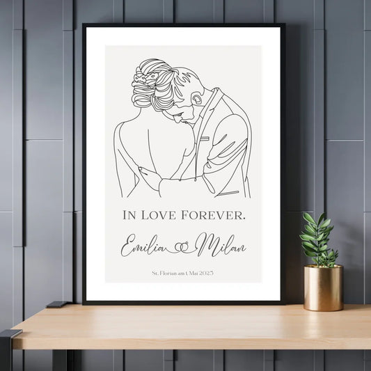 Personalisiertes Poster mit Brautleute - Individuelles Geschenk zur Hochzeit mit Spruch, Namen, Datum und Ort - Exklusives Holzrahmen-Poster mit Halbglanzpapier, bruchsicheres Plexiglas und FSC-zertifiziertes Papier