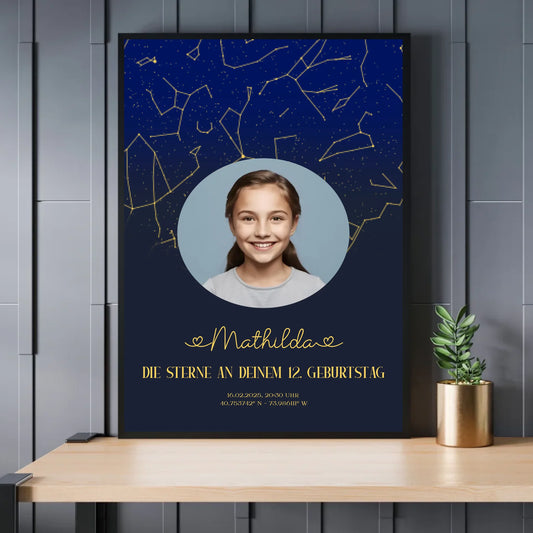 Personalisiertes Sternenbild mit eigenem Bild - Text und Bild änderbar - Exklusives Holzrahmen-Poster mit Halbglanzpapier, bruchsicheres Plexiglas und FSC-zertifiziertes Papier