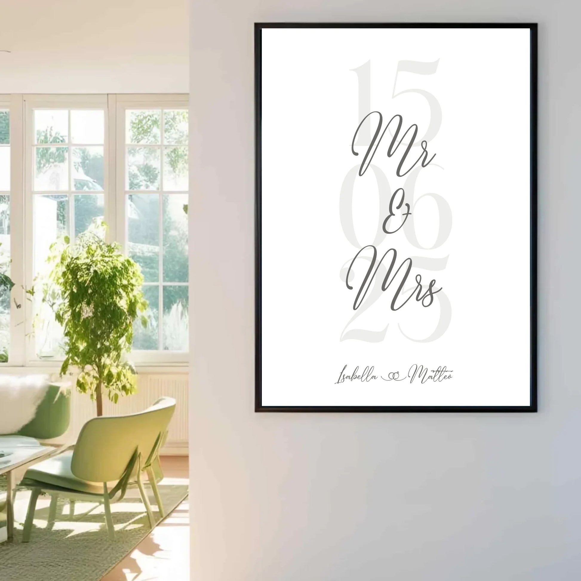 Personalisiertes Bild zur Hochzeit - mit Namen, Datum und Eheringe mit grau beige -