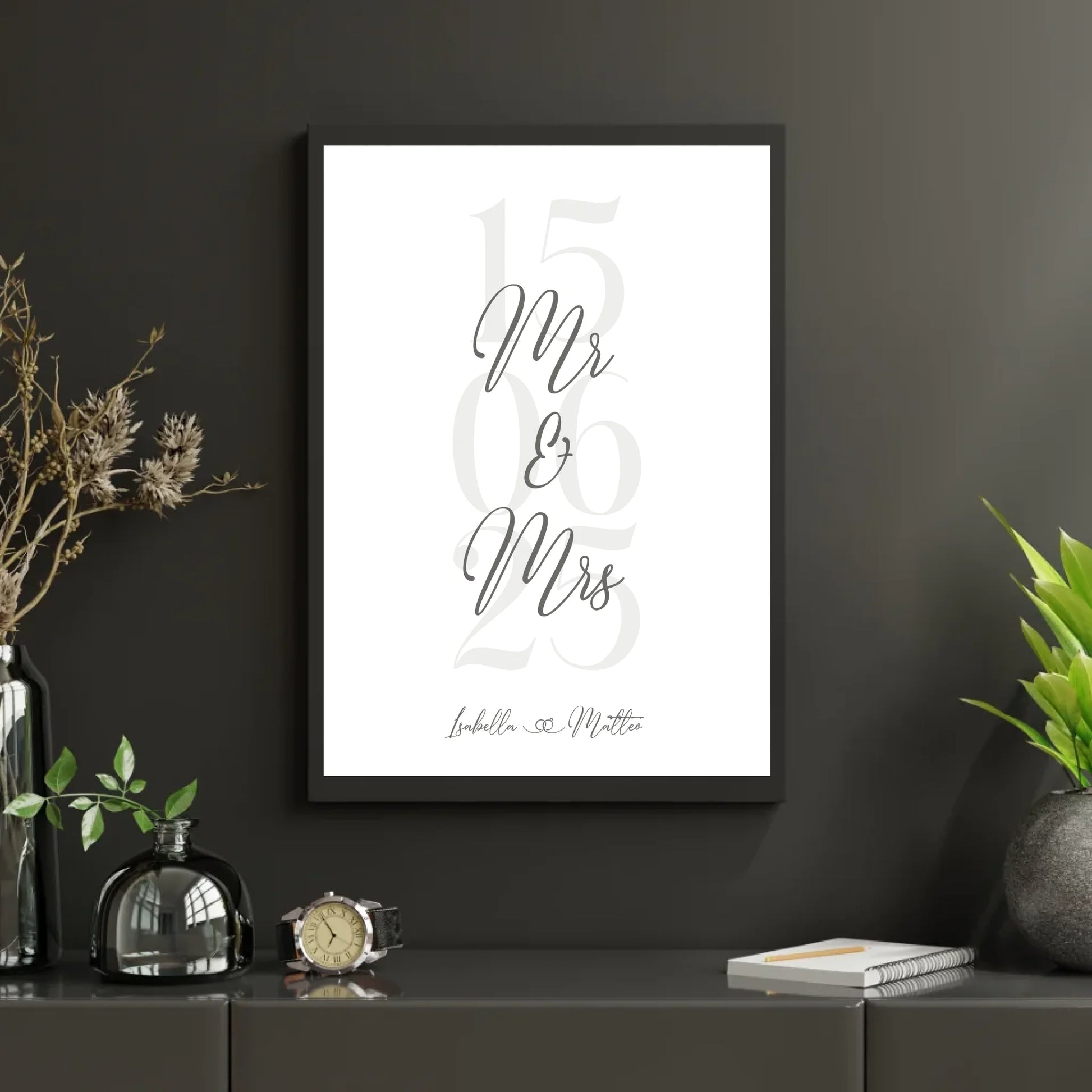 Personalisiertes Bild zur Hochzeit - mit Namen, Datum und Eheringe mit grau beige -