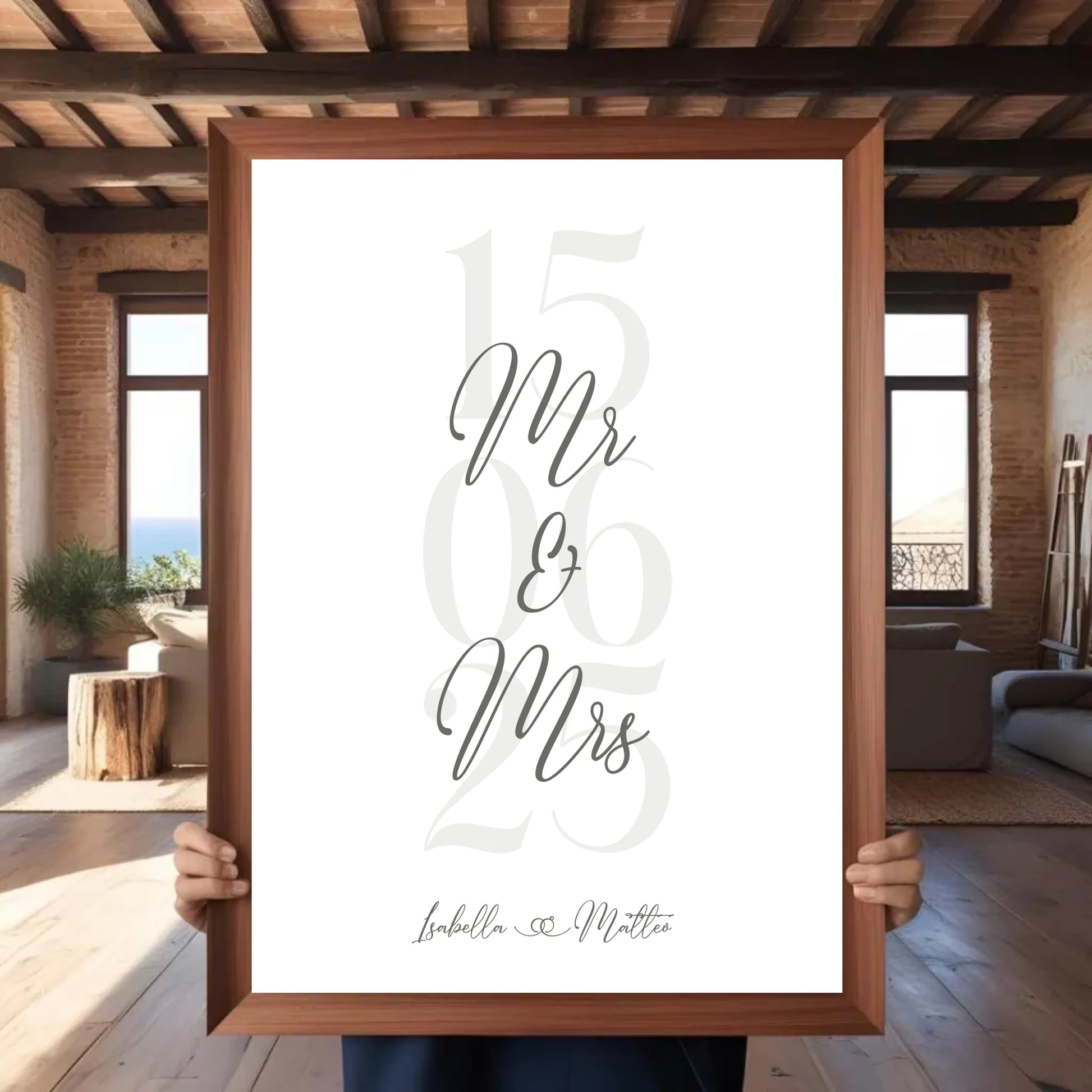 Personalisiertes Bild zur Hochzeit - mit Namen, Datum und Eheringe mit grau beige -