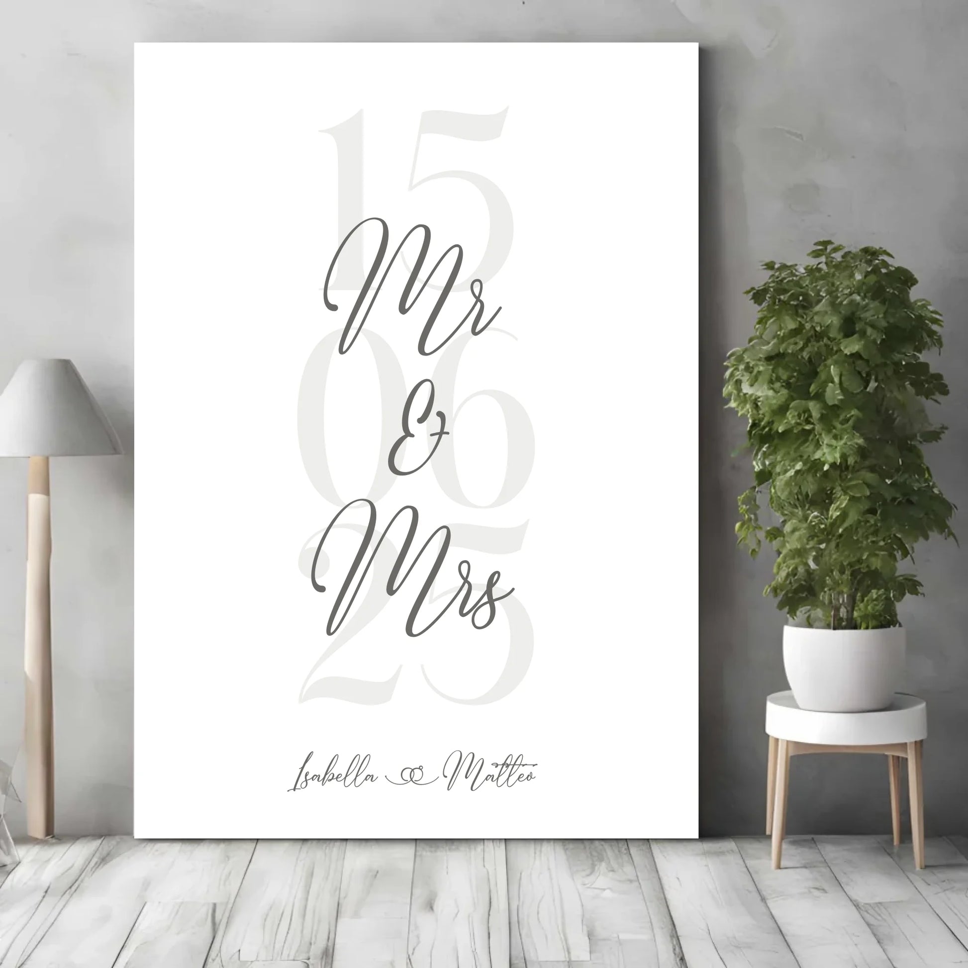 Personalisiertes Bild zur Hochzeit - mit Namen, Datum und Eheringe mit grau beige -