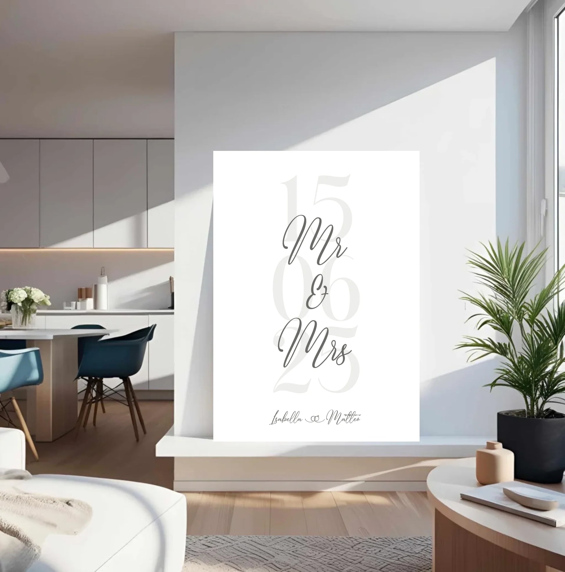 Personalisiertes Bild zur Hochzeit - mit Namen, Datum und Eheringe mit grau beige -