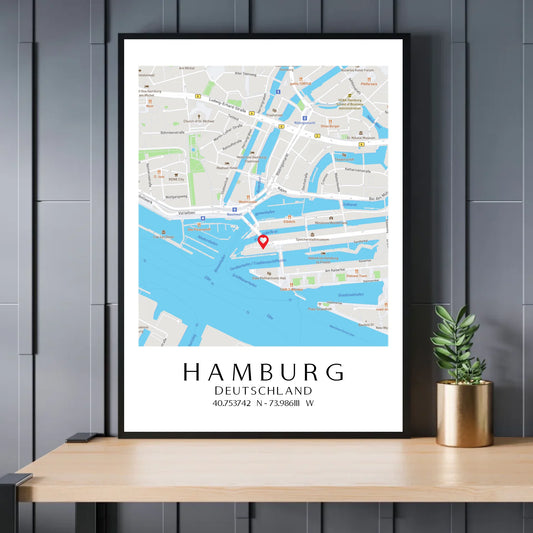 Personalisierte Straßenkarte mit Stadt, Land und Koordinaten - Exklusives Holzrahmen-Poster mit Halbglanzpapier, bruchsicheres Plexiglas und FSC-zertifiziertes Papier