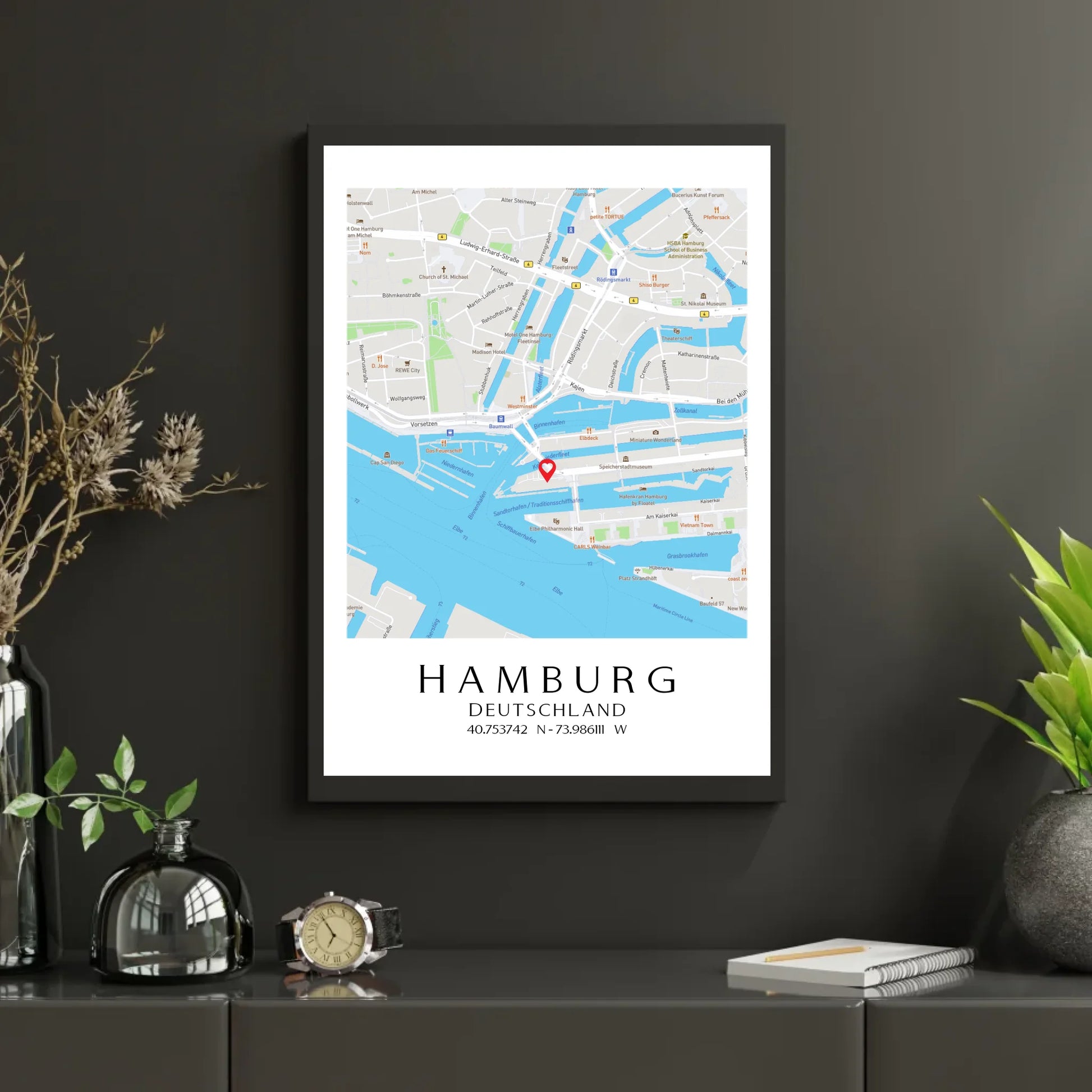 Personalisierte Straßenkarte mit Stadt, Land und Koordinaten -