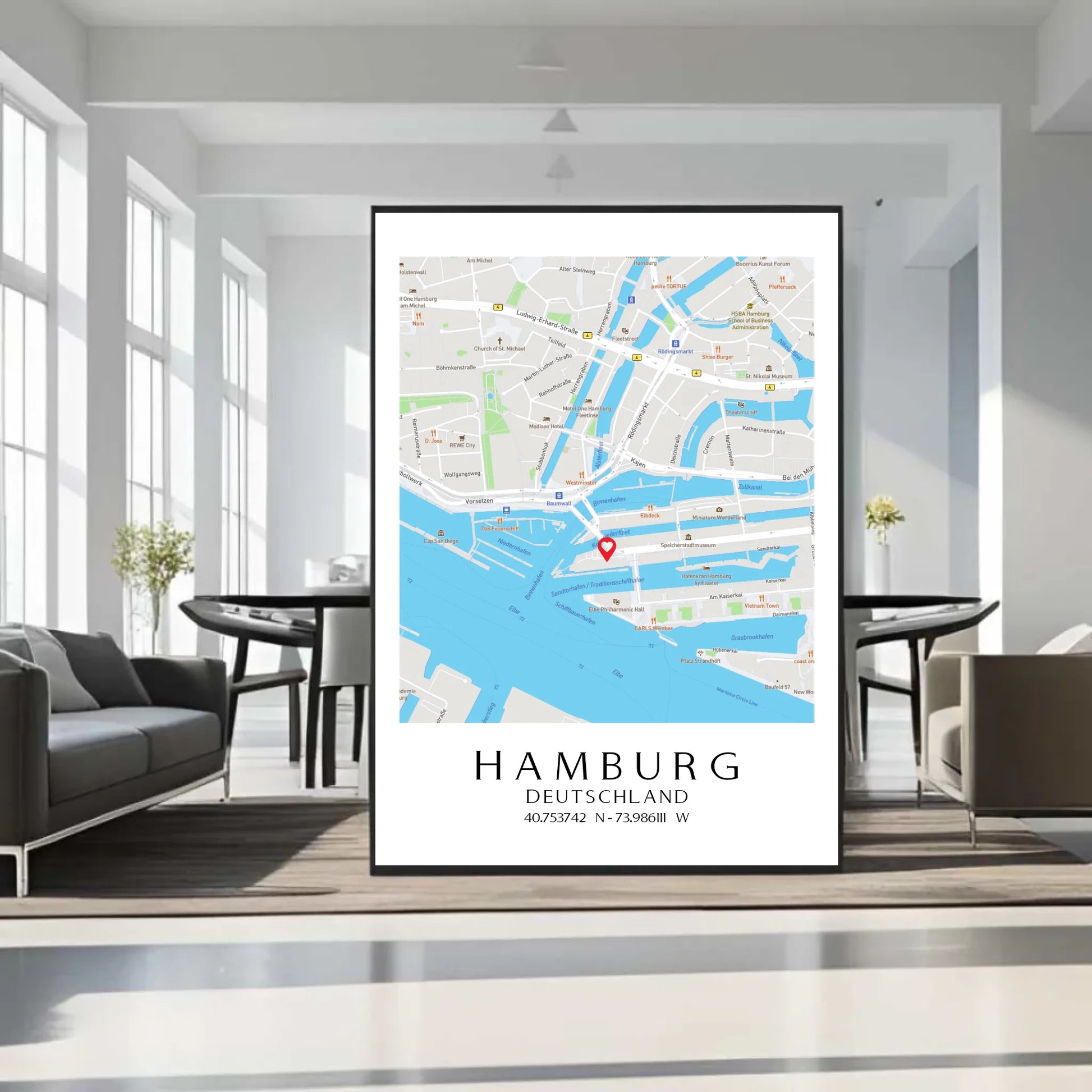 Personalisierte Straßenkarte mit Stadt, Land und Koordinaten -