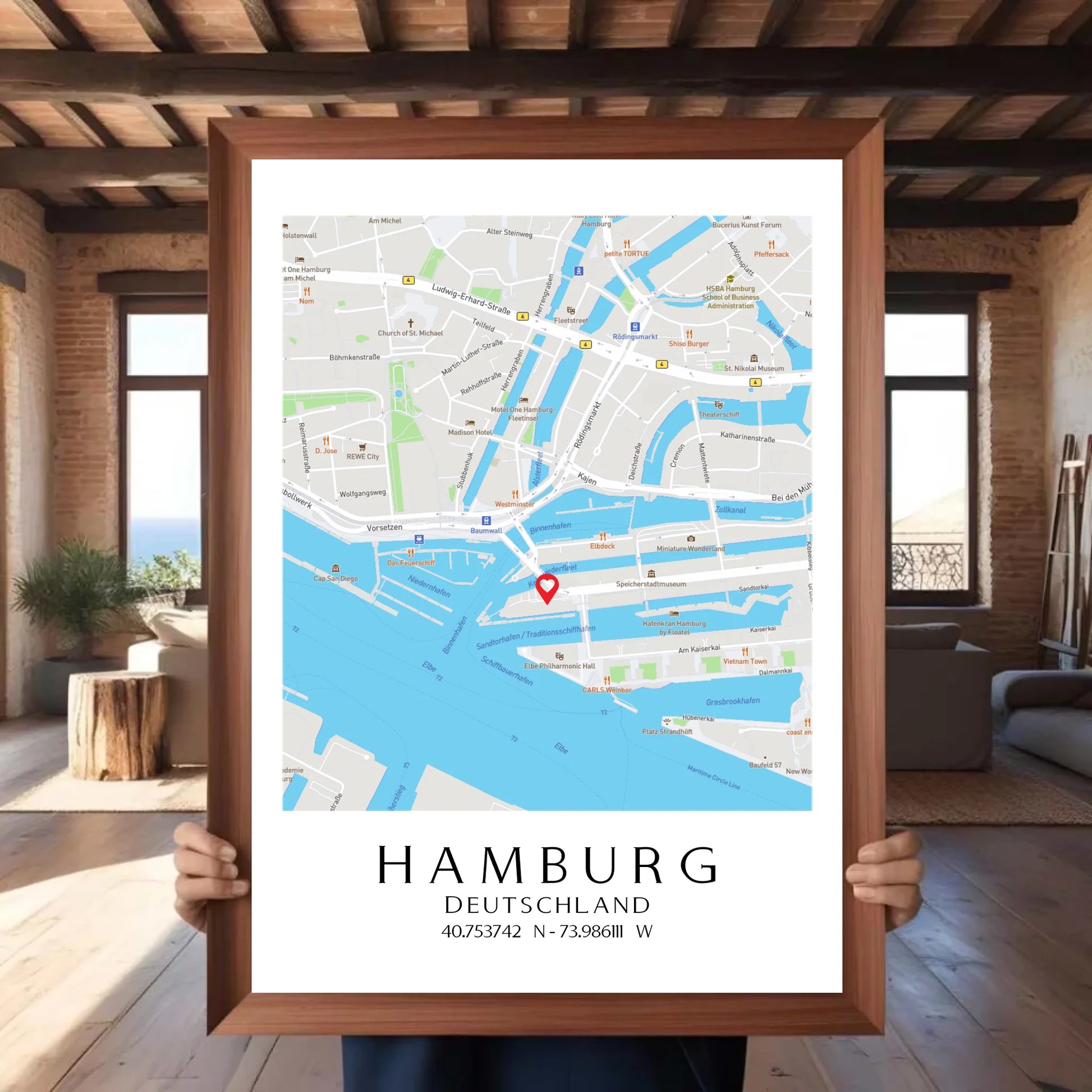 Personalisierte Straßenkarte mit Stadt, Land und Koordinaten -