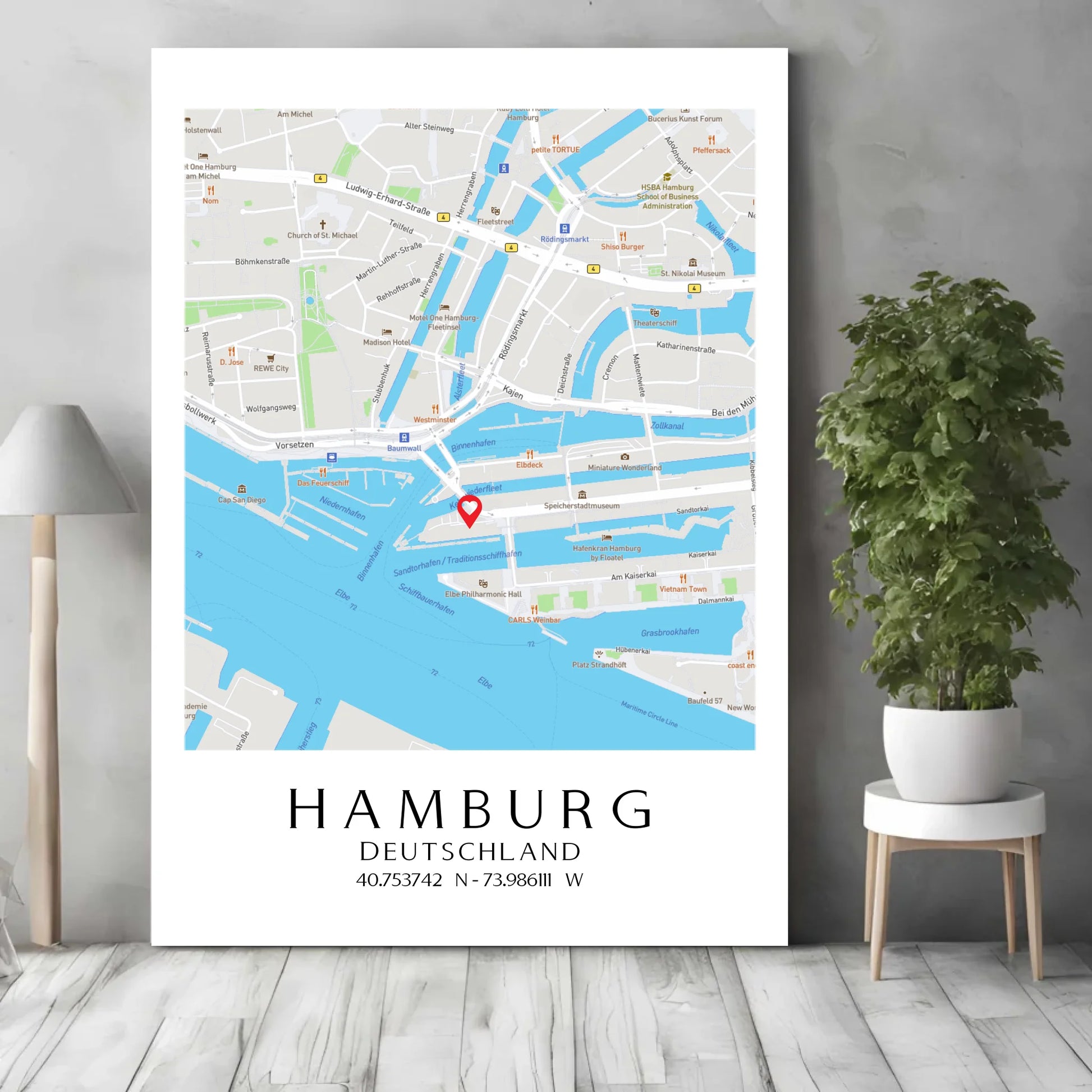 Personalisierte Straßenkarte mit Stadt, Land und Koordinaten -