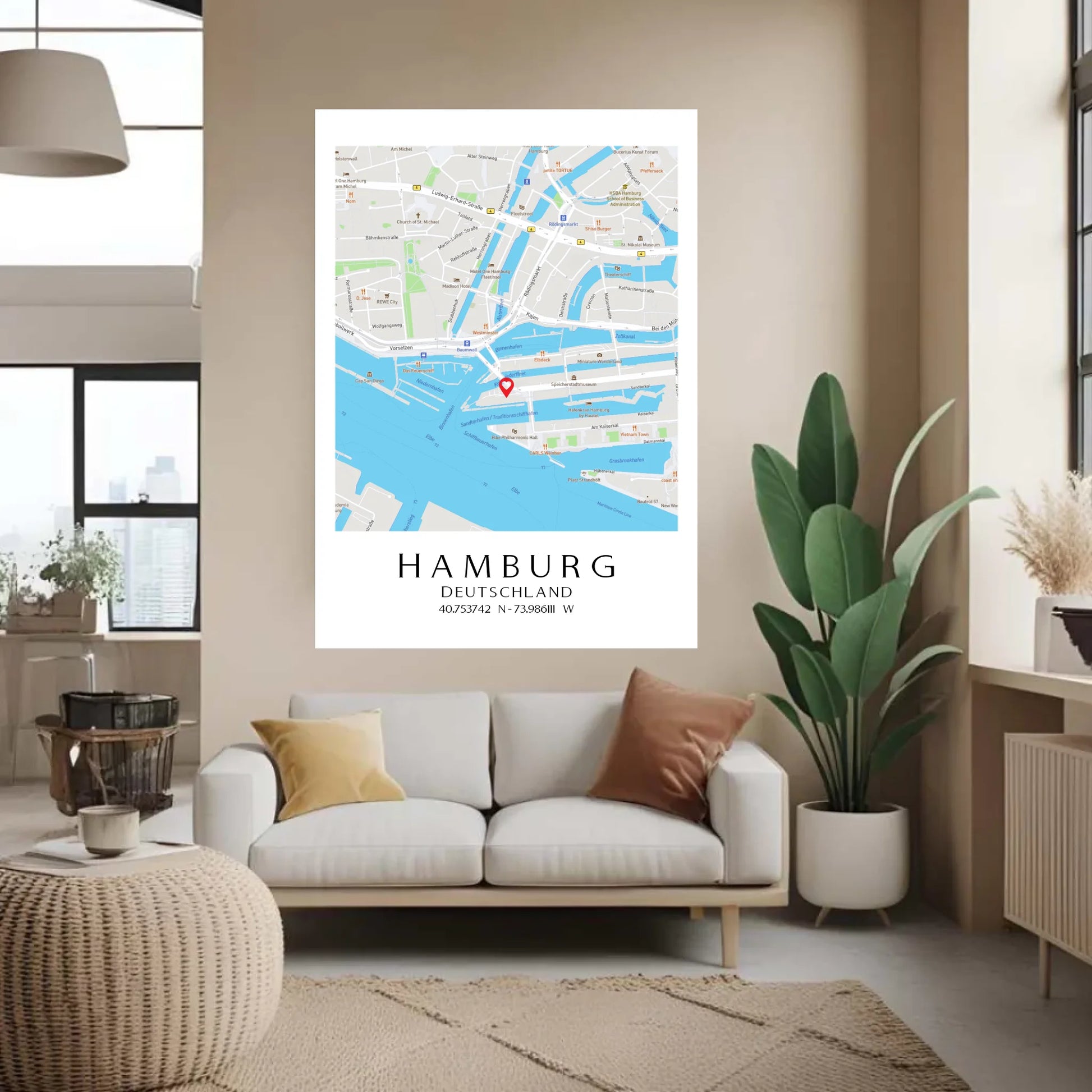 Personalisierte Straßenkarte mit Stadt, Land und Koordinaten -