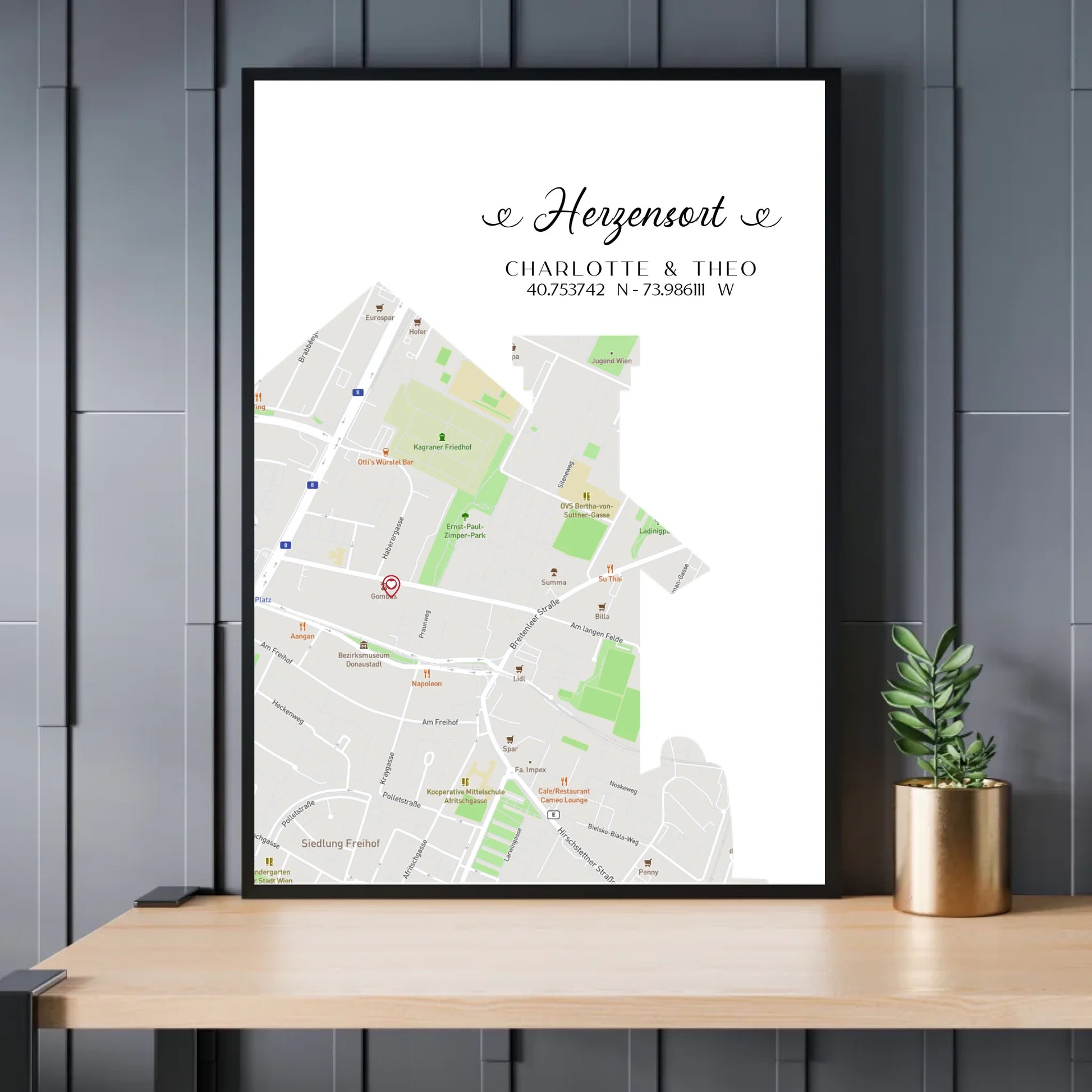 Personalisierte Straßenkarte mit Haus - Herzensort - mit Spruch, Namen und Koordinaten - Exklusives Holzrahmen-Poster mit Halbglanzpapier, bruchsicheres Plexiglas und FSC-zertifiziertes Papier
