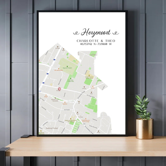 Personalisierte Straßenkarte mit Haus - Herzensort - mit Spruch, Namen und Koordinaten - Exklusives Holzrahmen-Poster mit Halbglanzpapier, bruchsicheres Plexiglas und FSC-zertifiziertes Papier