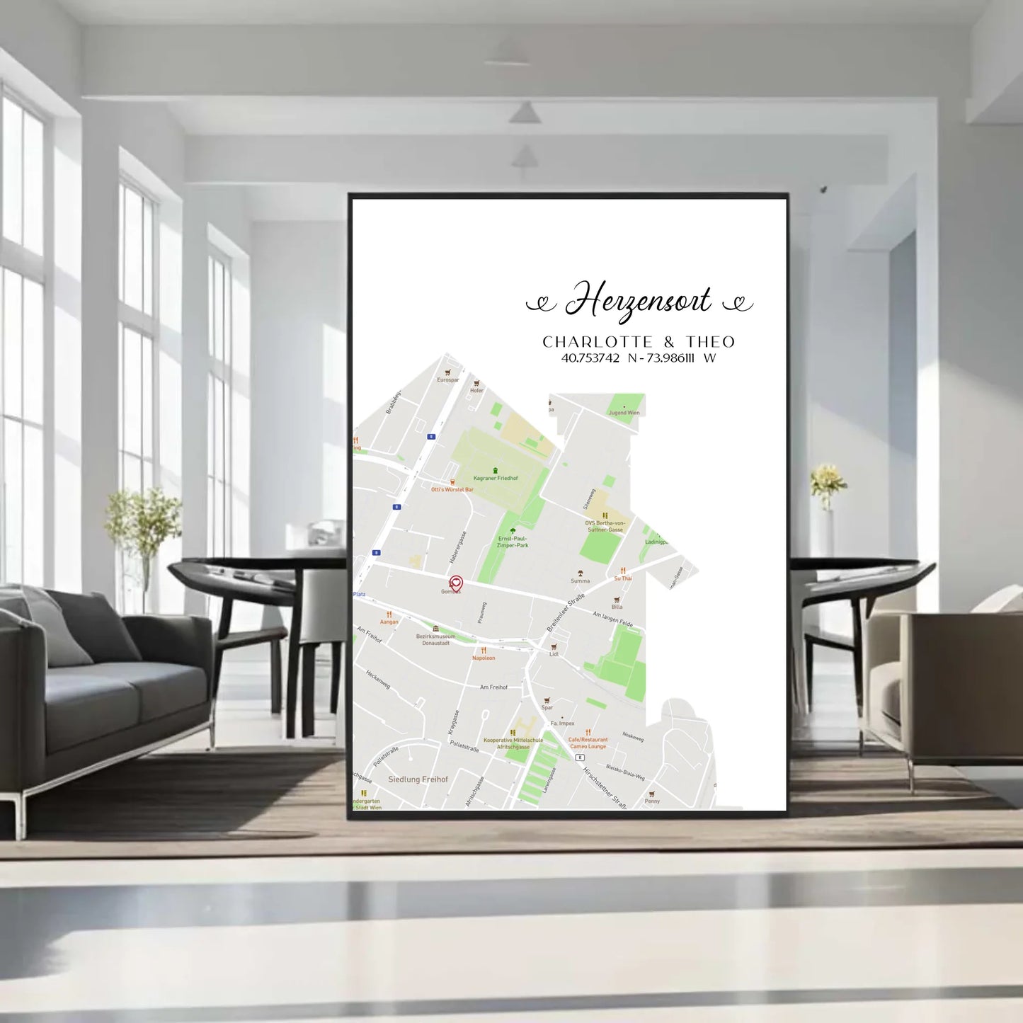 Personalisierte Straßenkarte mit Haus - Herzensort - mit Spruch, Namen und Koordinaten -