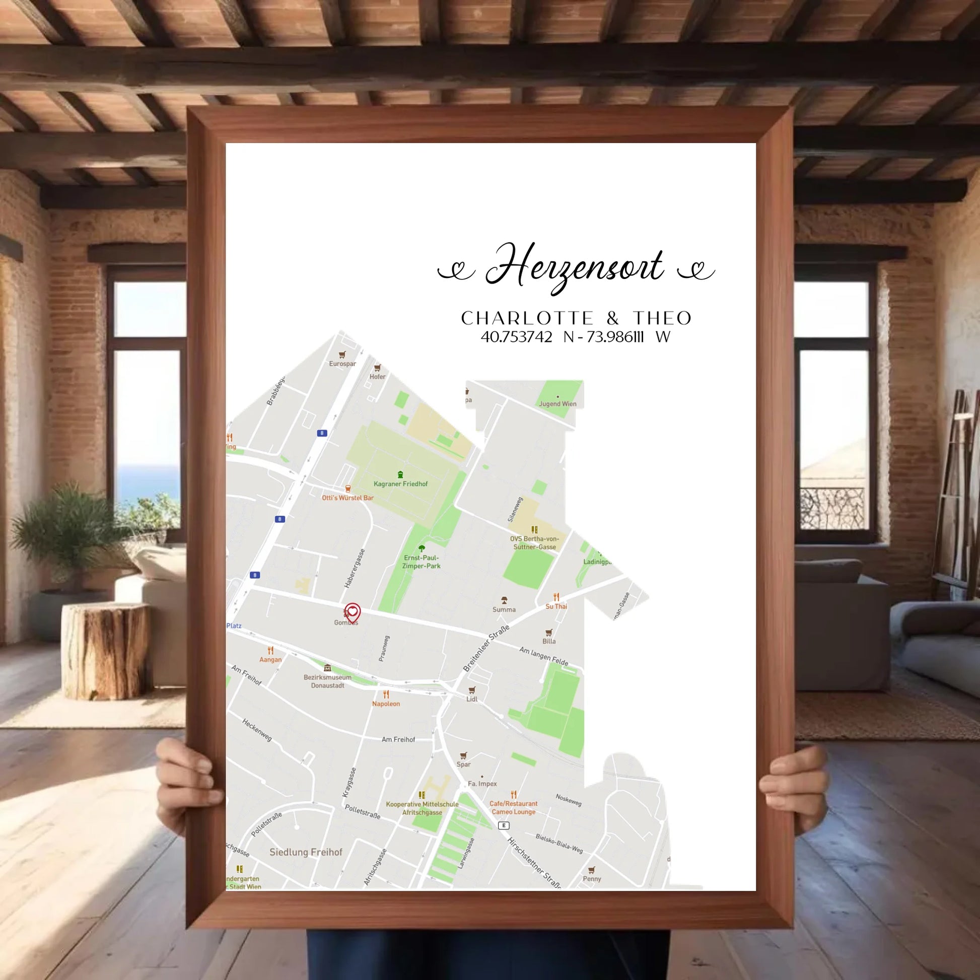 Personalisierte Straßenkarte mit Haus - Herzensort - mit Spruch, Namen und Koordinaten -