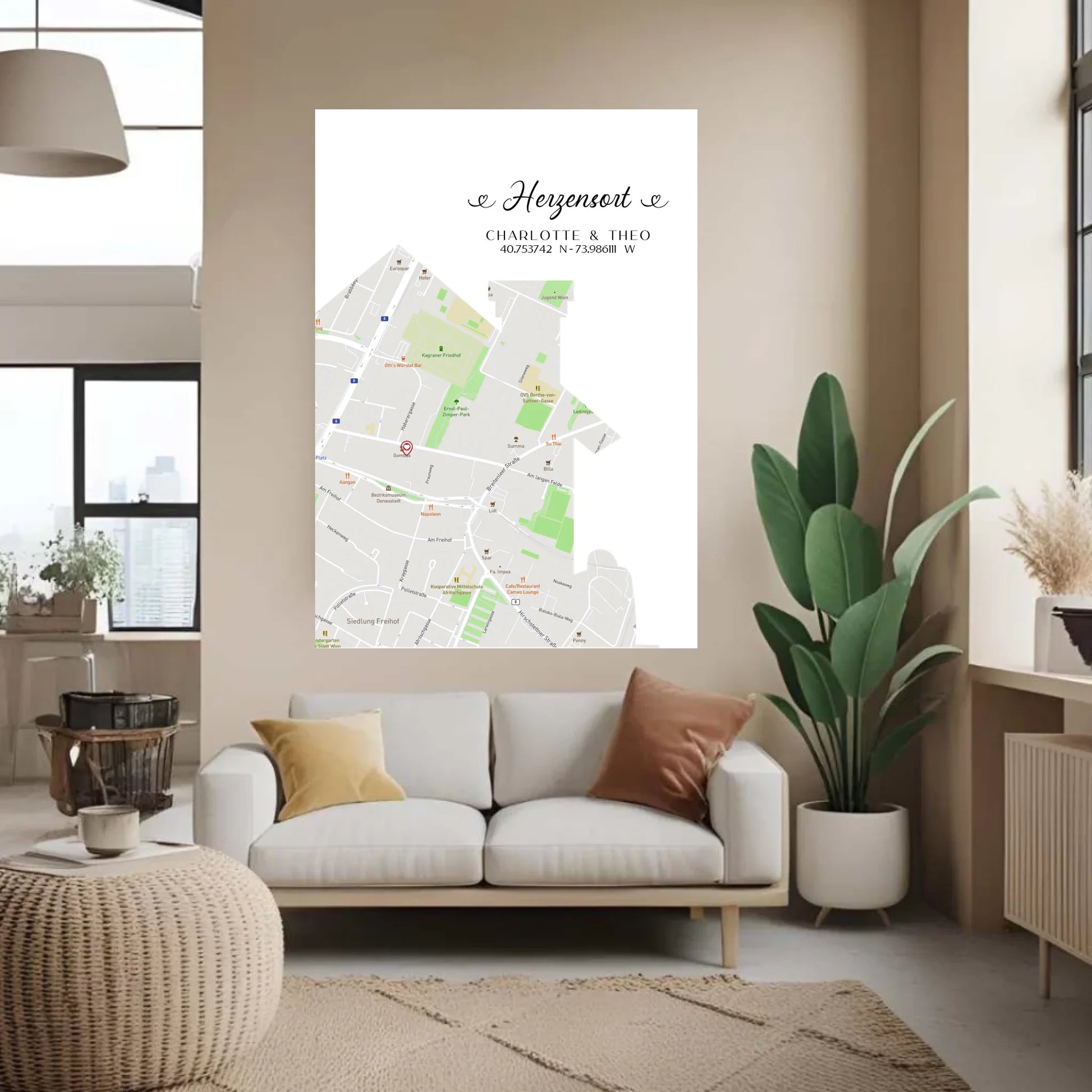 Personalisierte Straßenkarte mit Haus - Herzensort - mit Spruch, Namen und Koordinaten -
