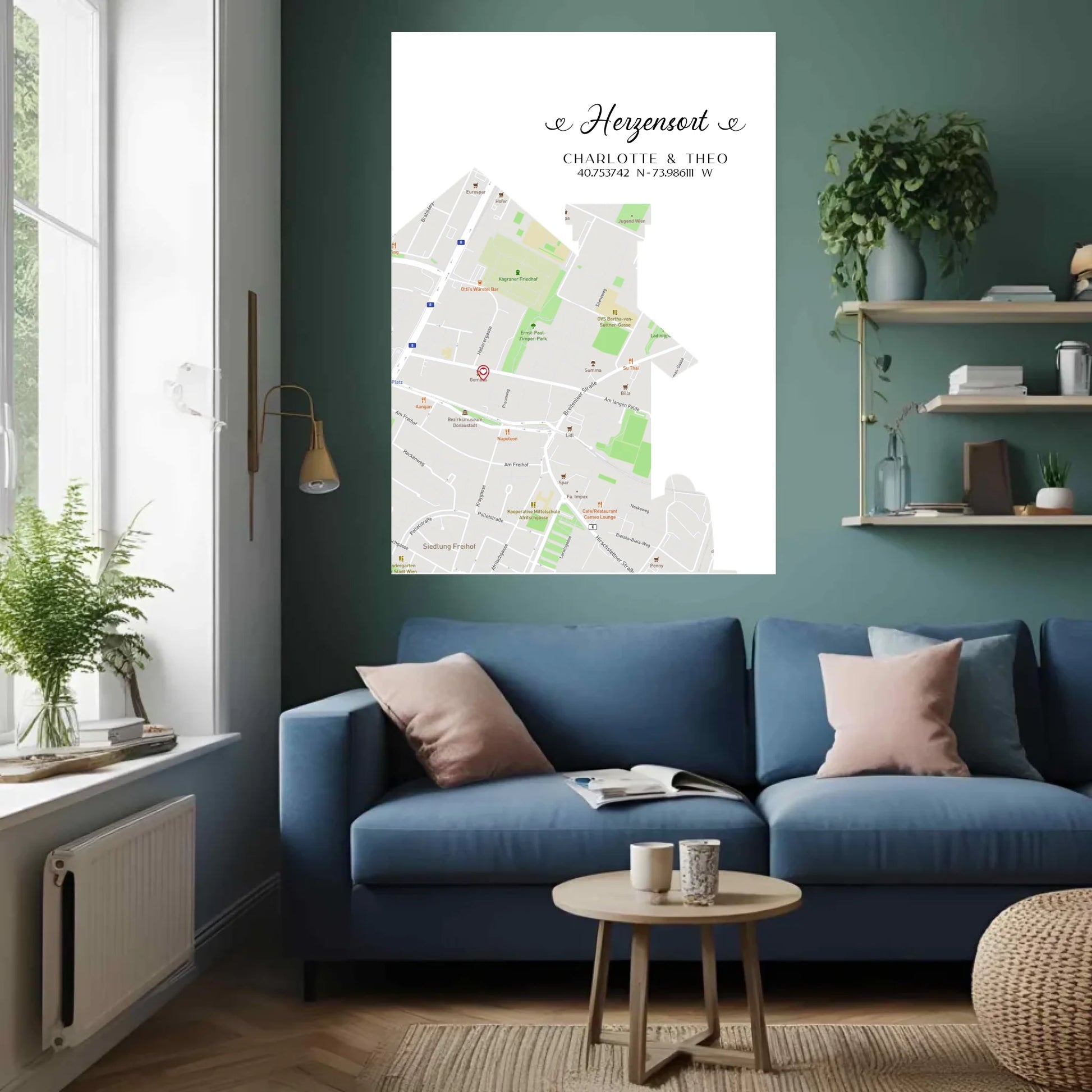 Personalisierte Straßenkarte mit Haus - Herzensort - mit Spruch, Namen und Koordinaten -