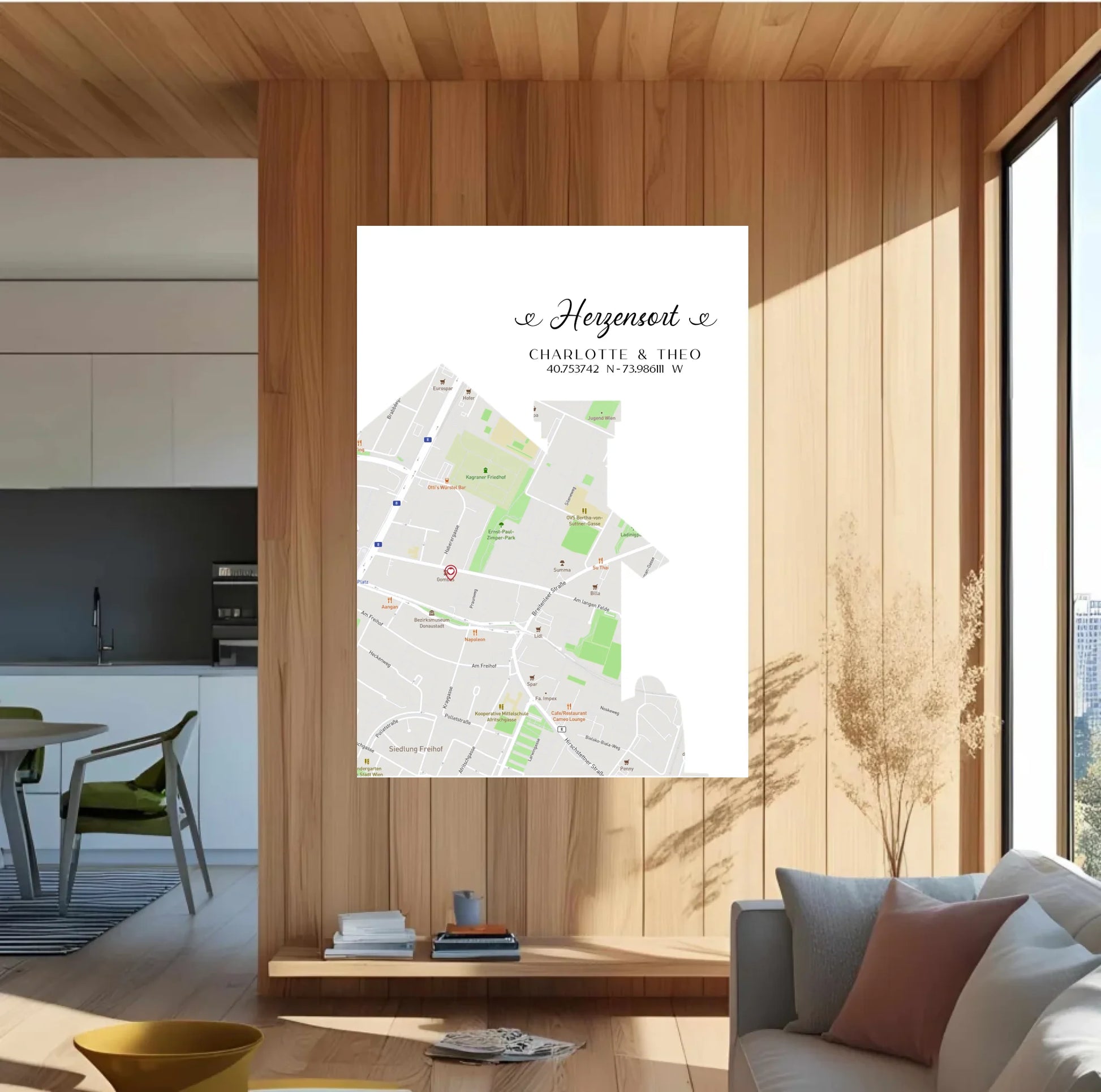 Personalisierte Straßenkarte mit Haus - Herzensort - mit Spruch, Namen und Koordinaten -