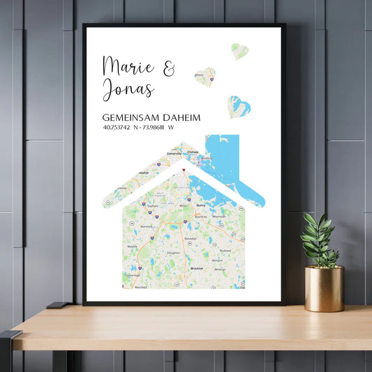 Personalisierte Straßenkarte mit Haus und Herzen - Exklusives Holzrahmen-Poster mit Halbglanzpapier, bruchsicheres Plexiglas und FSC-zertifiziertes Papier