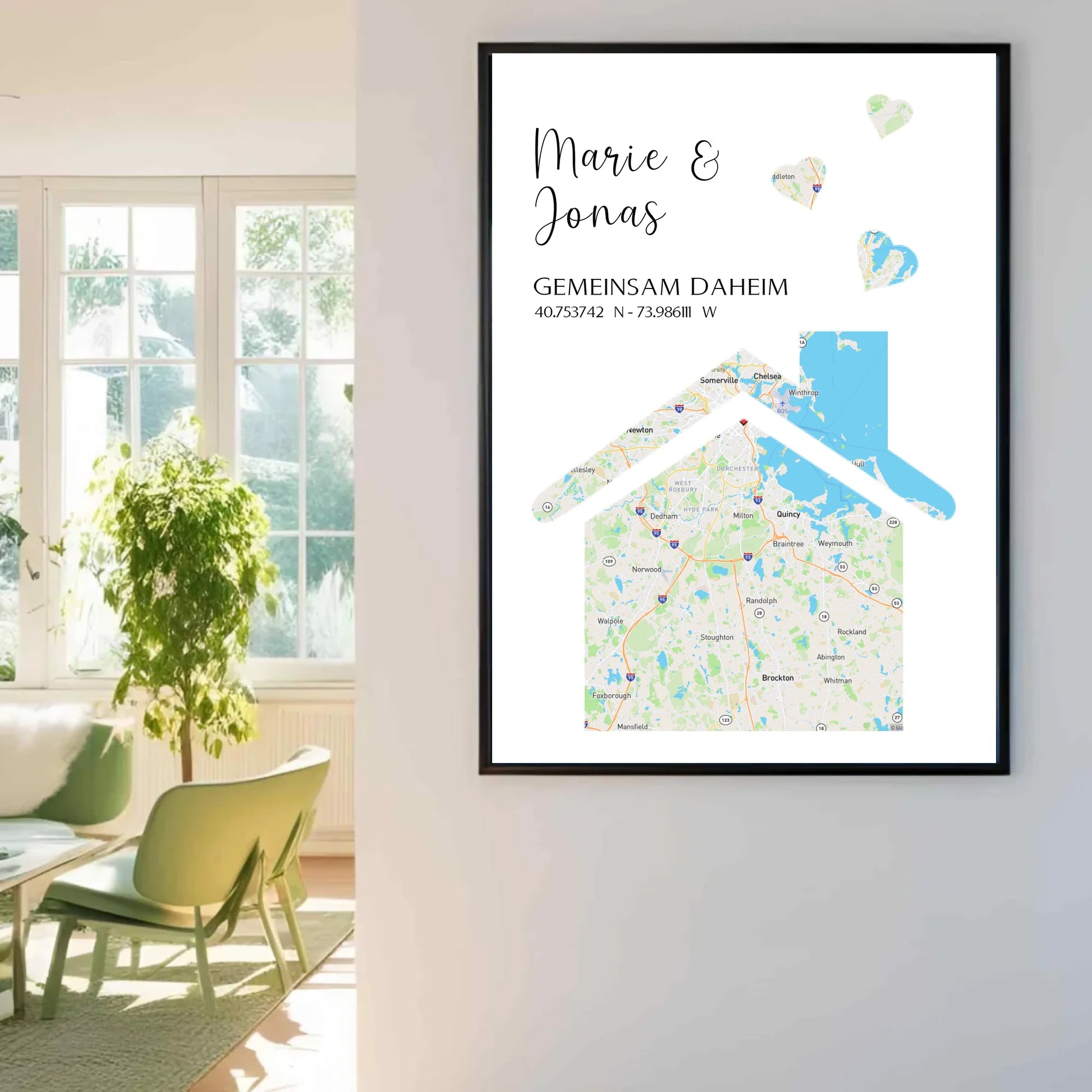 Personalisierte Straßenkarte mit Haus und Herzen -