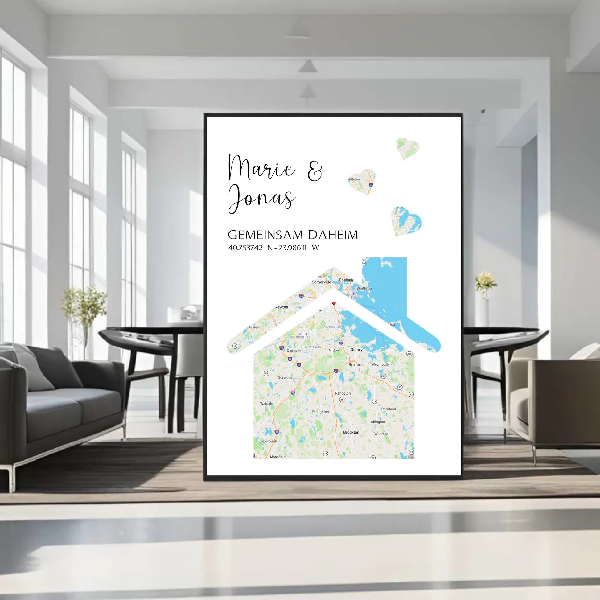 Personalisierte Straßenkarte mit Haus und Herzen -