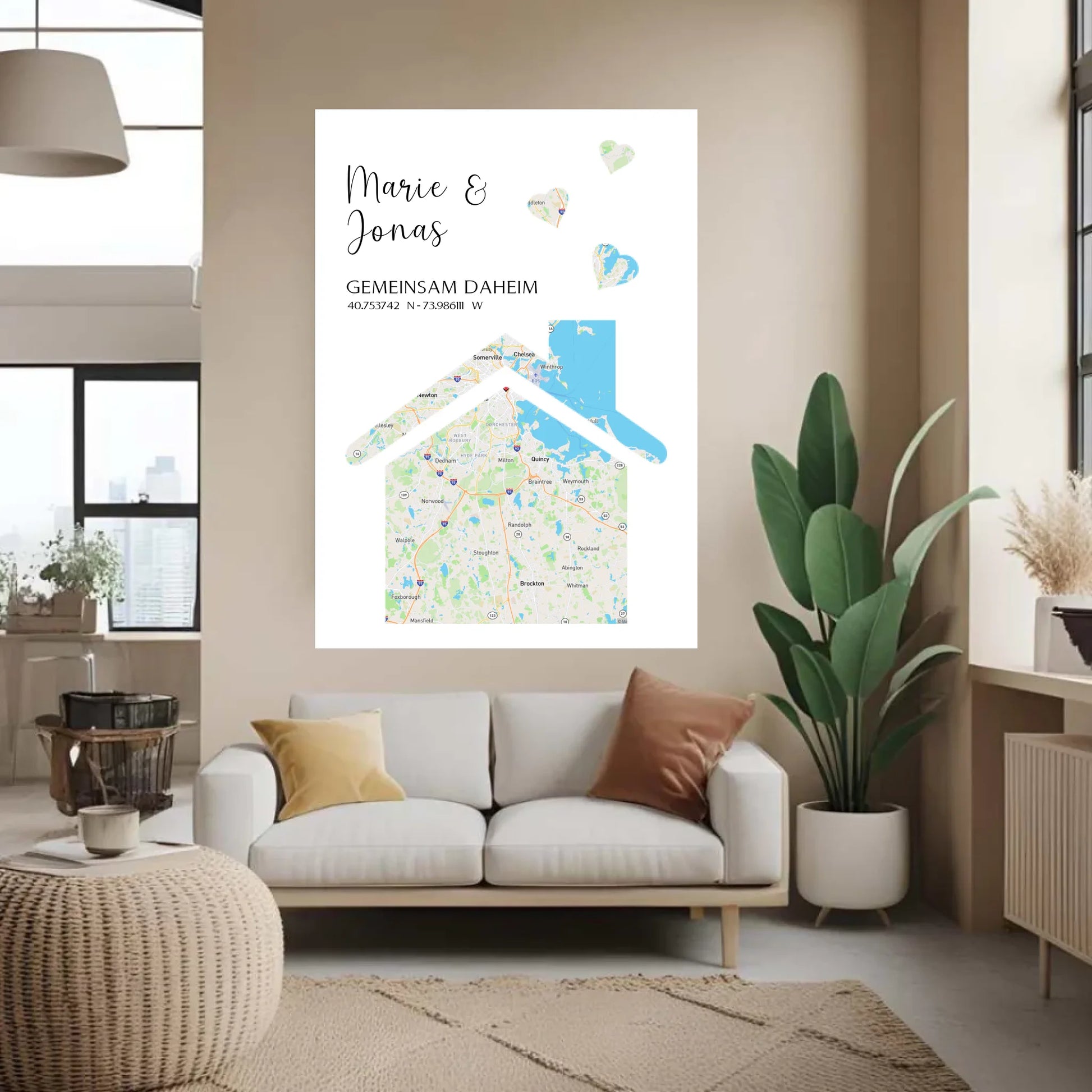Personalisierte Straßenkarte mit Haus und Herzen -
