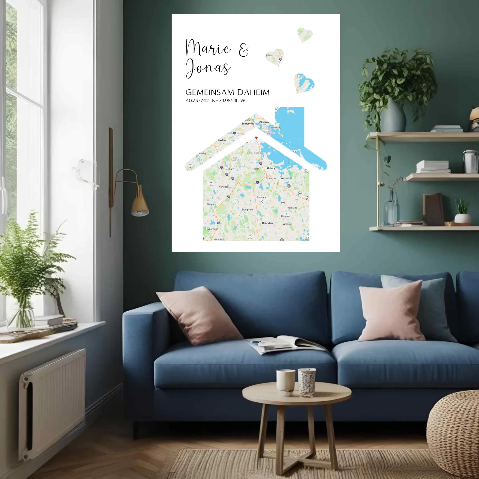 Personalisierte Straßenkarte mit Haus und Herzen -