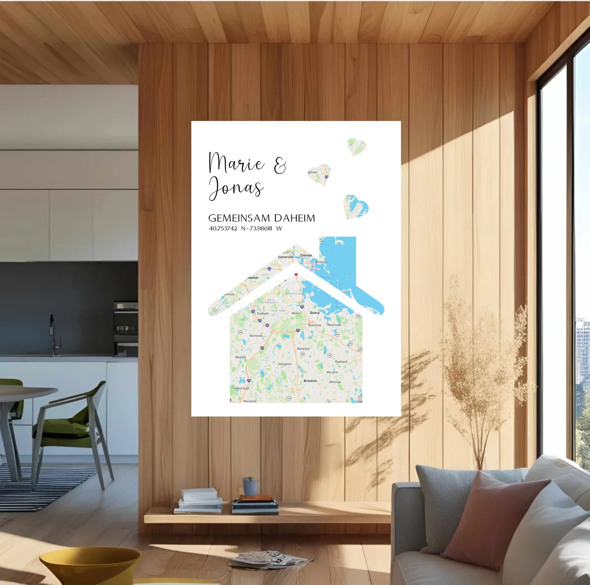 Personalisierte Straßenkarte mit Haus und Herzen -