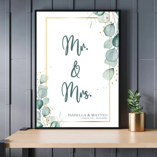 Personalisiertes Poster für Brautpaar - minimalistisches Design mit Eukalyptus Blätter in mint petrol und gold - Exklusives Holzrahmen-Poster mit Halbglanzpapier, bruchsicheres Plexiglas und FSC-zertifiziertes Papier