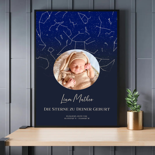 Personalisiertes Sternebild für Neugeborene - Sterne am Nachthimmel zur Geburt - Foto und eigene Daten eintragbar - Exklusives Holzrahmen-Poster mit Halbglanzpapier, bruchsicheres Plexiglas und FSC-zertifiziertes Papier