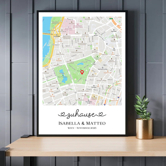 Personalisierte Straßenkarte mit schöner Überschrift, Namen und Ort - Exklusives Holzrahmen-Poster mit Halbglanzpapier, bruchsicheres Plexiglas und FSC-zertifiziertes Papier