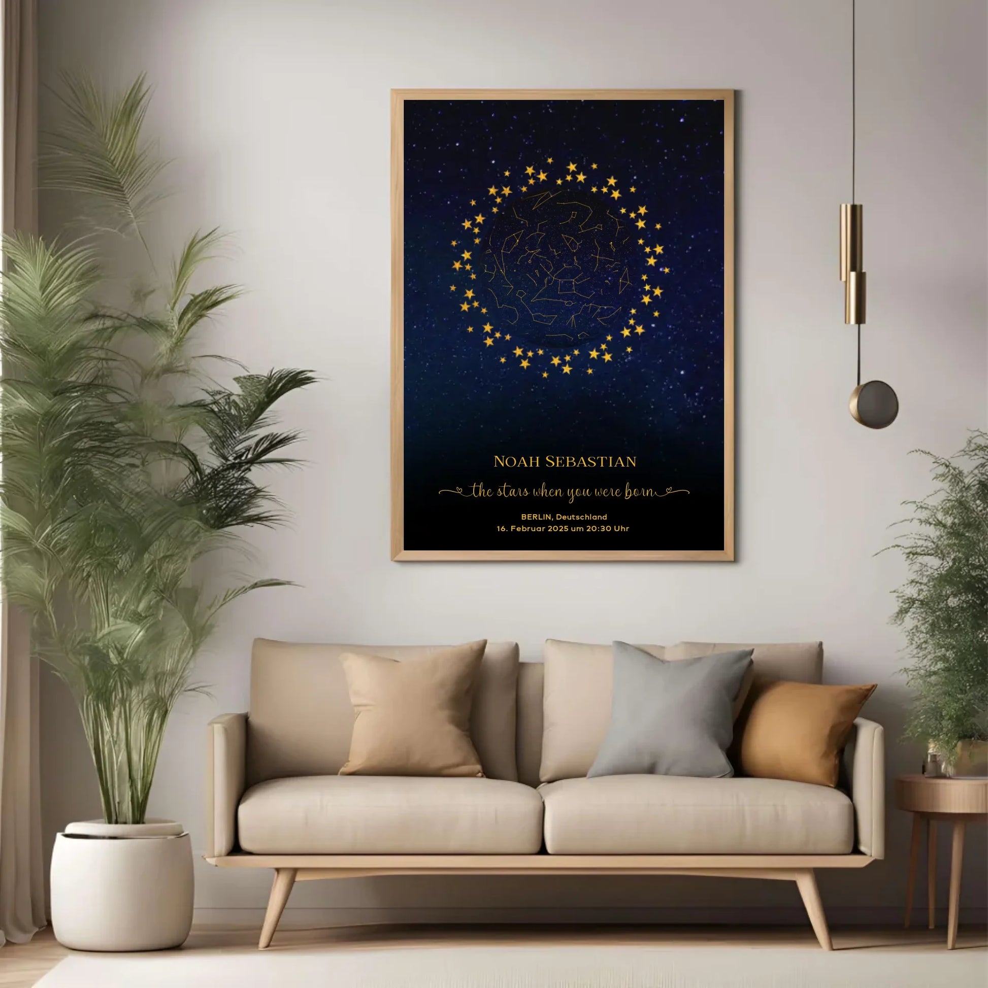 Personalisierte Sternenkarte zur Geburt mit goldene Sterne am Nachthimmel auf blau mit schwarz - Die Sterne als Du geboren wurdest -