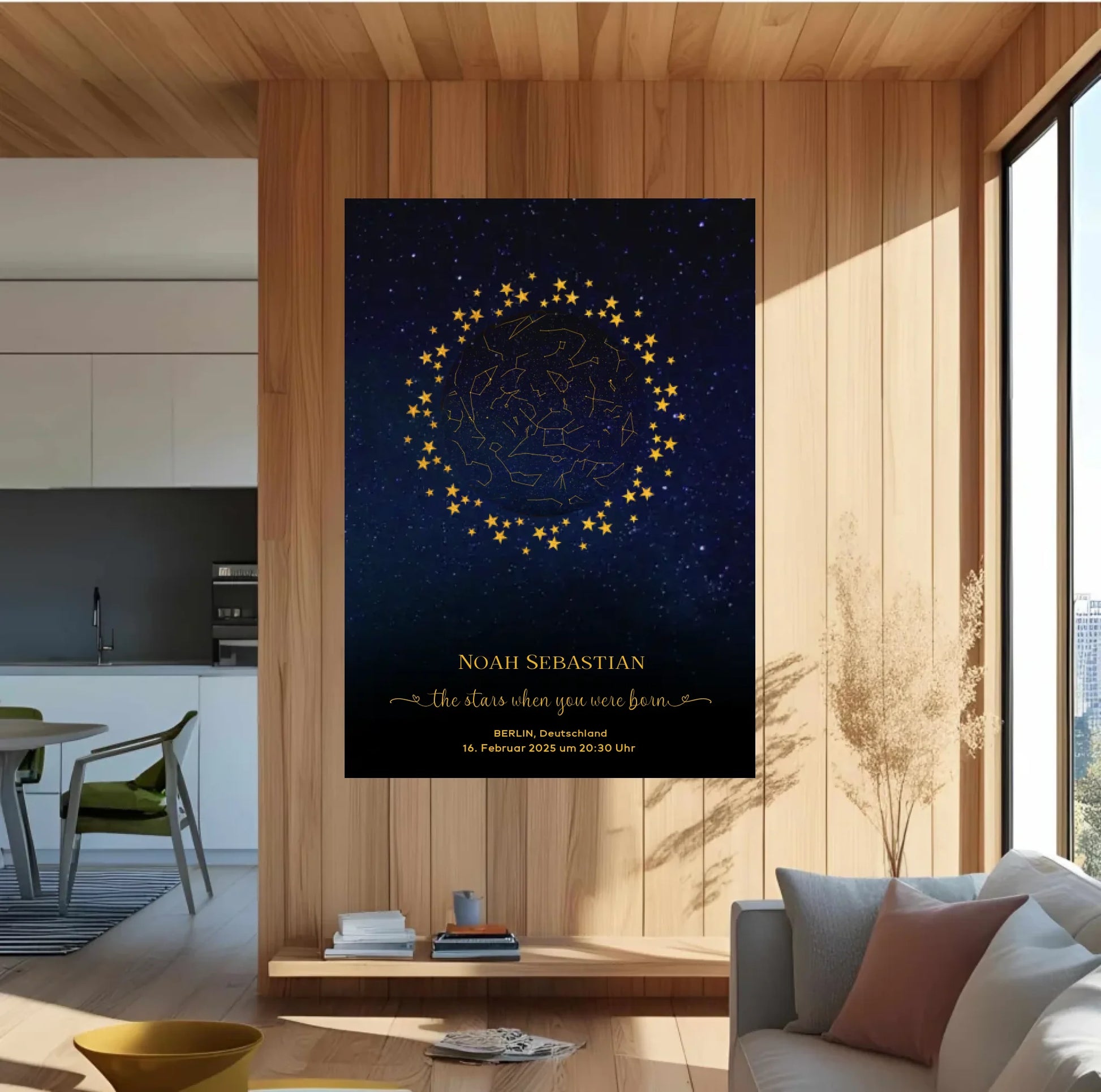 Personalisierte Sternenkarte zur Geburt mit goldene Sterne am Nachthimmel auf blau mit schwarz - Die Sterne als Du geboren wurdest -