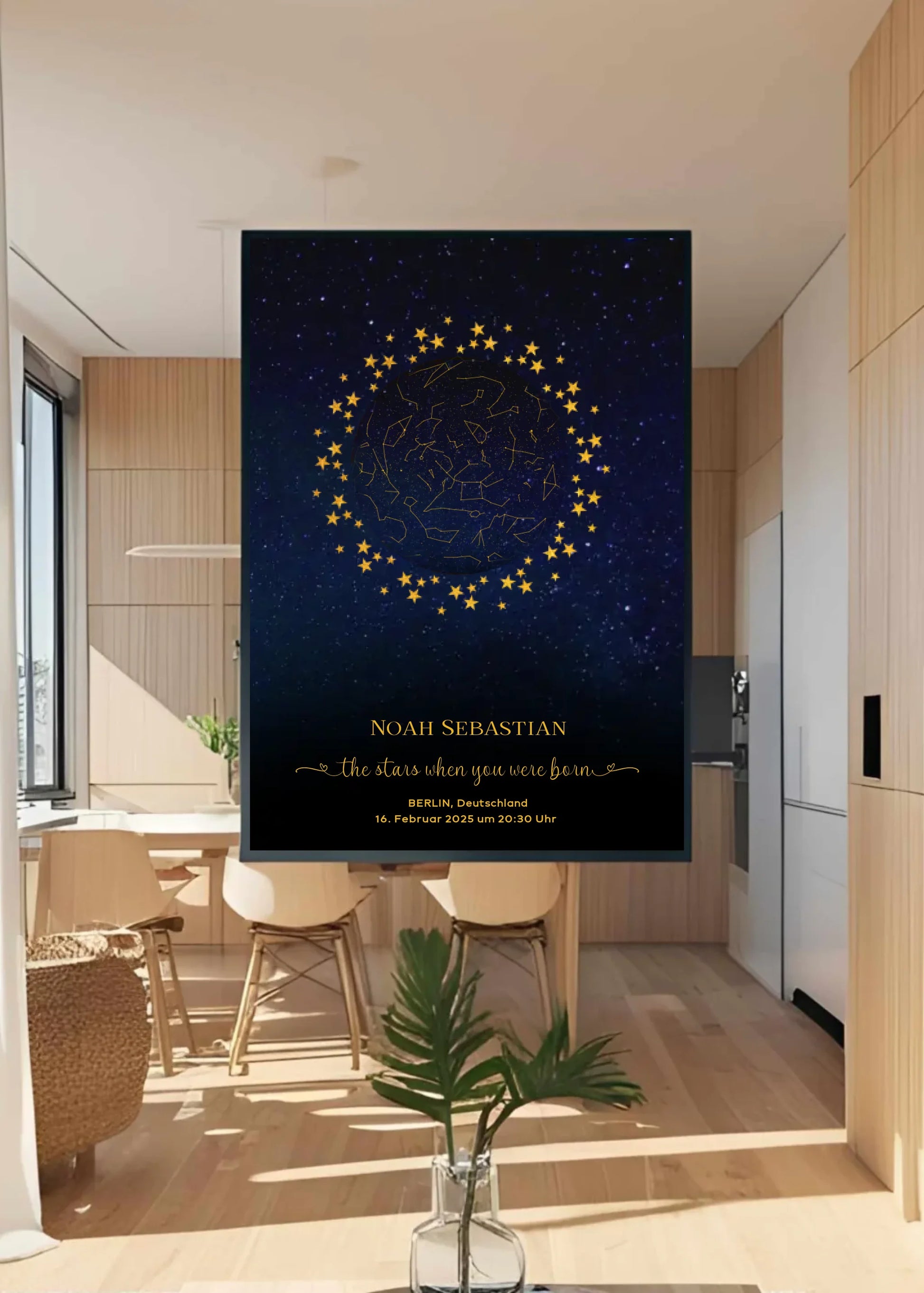 Personalisierte Sternenkarte zur Geburt mit goldene Sterne am Nachthimmel auf blau mit schwarz - Die Sterne als Du geboren wurdest -