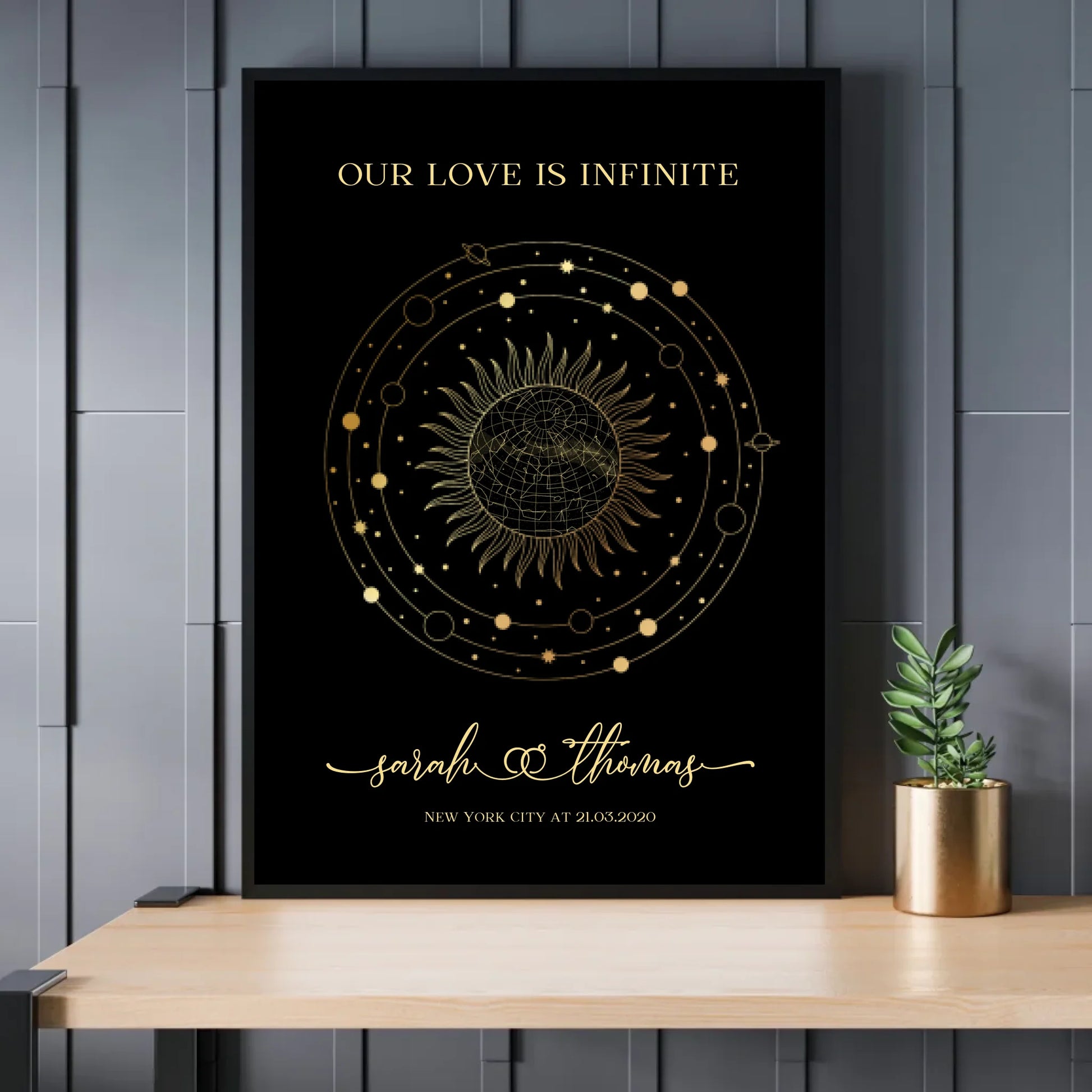 Personalisierte Sternenkarte zur Hochzeit - Unsere Liebe ist grenzenlos - Exklusives Holzrahmen-Poster mit Halbglanzpapier, bruchsicheres Plexiglas und FSC-zertifiziertes Papier