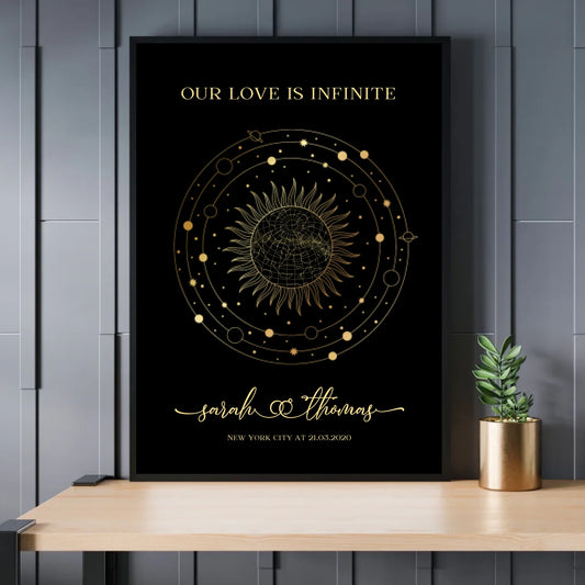 Personalisierte Sternenkarte zur Hochzeit - Unsere Liebe ist grenzenlos - Exklusives Holzrahmen-Poster mit Halbglanzpapier, bruchsicheres Plexiglas und FSC-zertifiziertes Papier